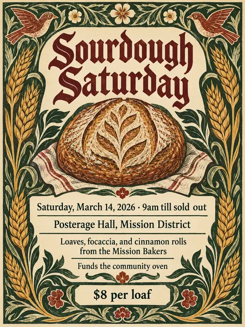 Arts and Crafts style party flyer for a fictional bake-sale: Sourdough Saturday