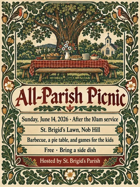 Arts and Crafts style party flyer for a fictional church: All-Parish Picnic