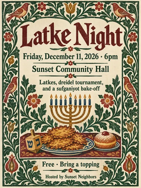 Arts and Crafts style party flyer for a fictional holiday: Latke Night