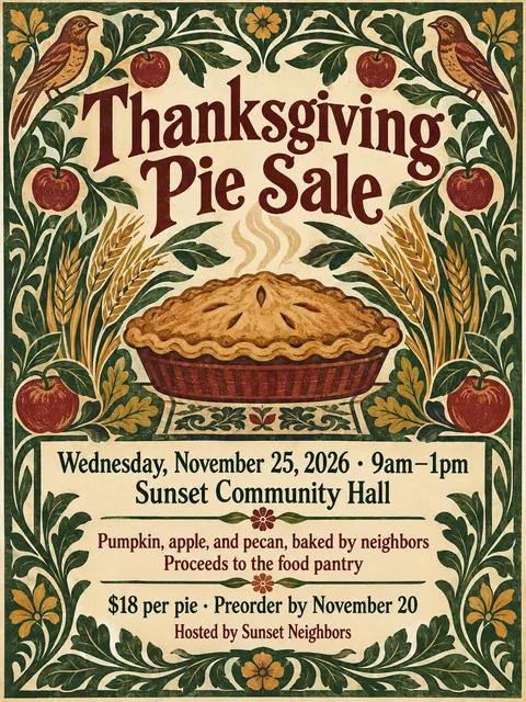 Arts and Crafts style party flyer for a fictional bake-sale: Thanksgiving Pie Sale