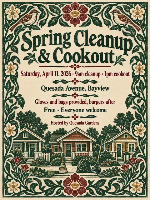 Arts and Crafts style party flyer for a fictional block: Spring Cleanup & Cookout