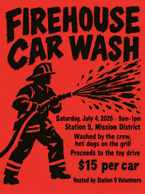 Atelier Populaire / Paris May 1968 style party flyer for a fictional car-wash: Firehouse Car Wash