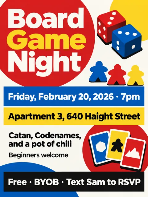 Bauhaus style party flyer for a fictional house: Board Game Night