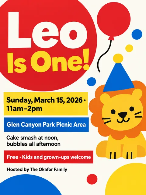 Bauhaus style party flyer for a fictional birthday: Leo Is One!