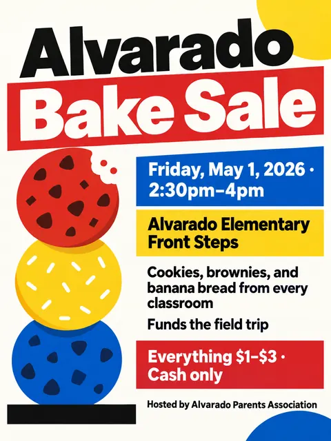 Bauhaus style party flyer for a fictional bake-sale: Alvarado Bake Sale