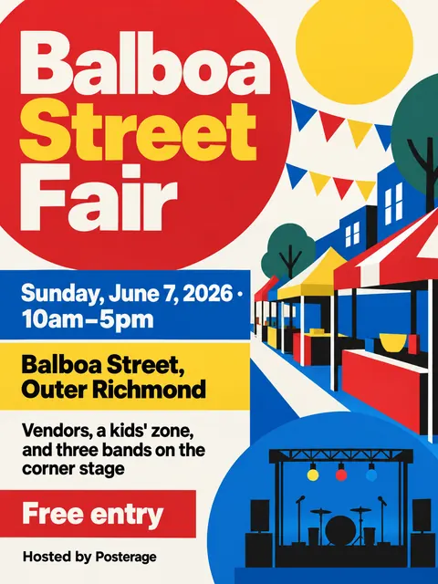 Bauhaus style party flyer for a fictional block: Balboa Street Fair