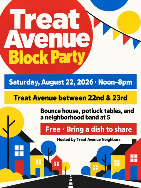 Bauhaus style party flyer for a fictional block: Treat Avenue Block Party
