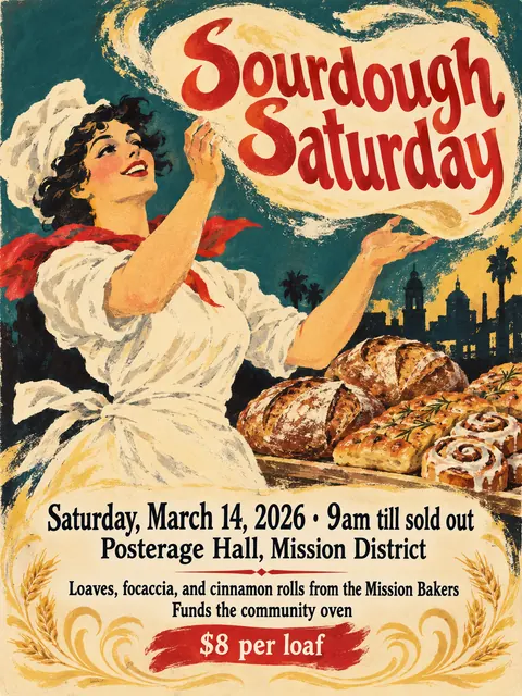 Belle Époque Lithograph style party flyer for a fictional bake-sale: Sourdough Saturday