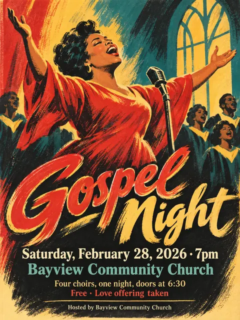 Belle Époque Lithograph style party flyer for a fictional church: Gospel Night