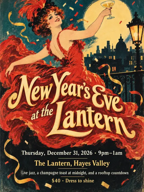 Belle Époque Lithograph style party flyer for a fictional holiday: New Year's Eve at the Lantern