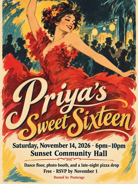 Belle Époque Lithograph style party flyer for a fictional birthday: Priya's Sweet Sixteen