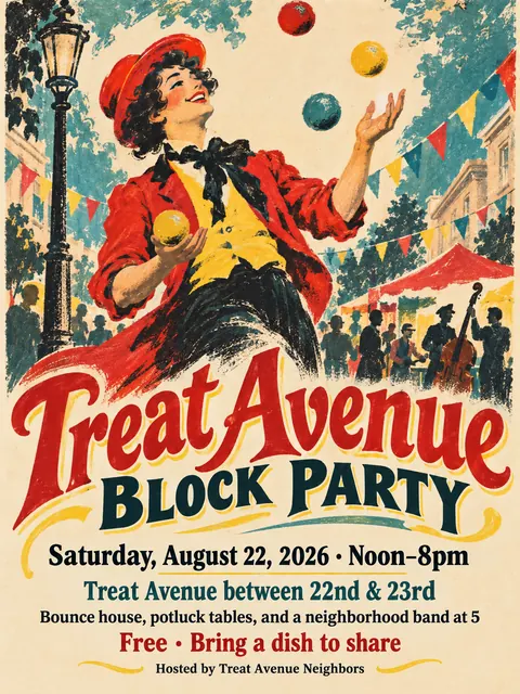 Belle Époque Lithograph style party flyer for a fictional block: Treat Avenue Block Party