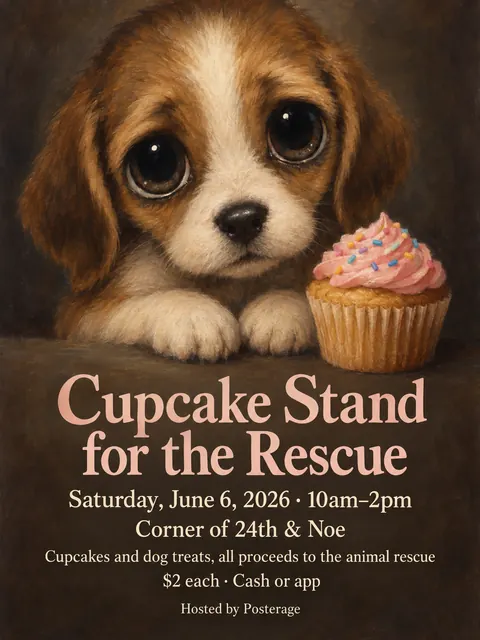 Big Eyes / Keane Waif style party flyer for a fictional bake-sale: Cupcake Stand for the Rescue