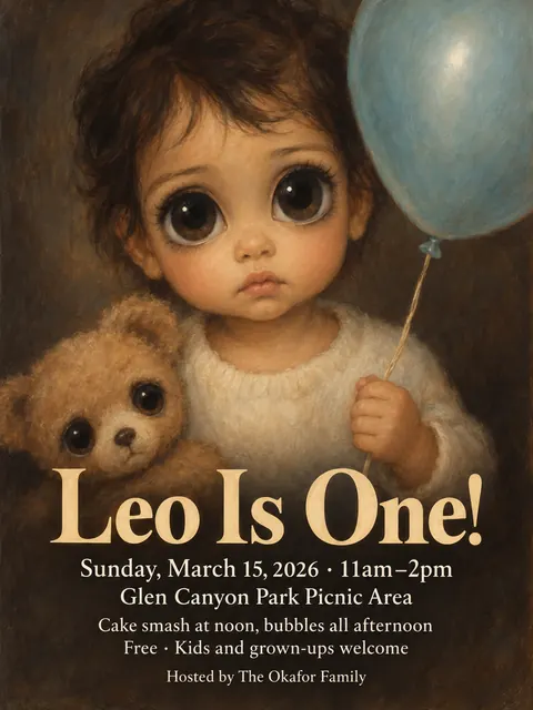 Big Eyes / Keane Waif style party flyer for a fictional birthday: Leo Is One!