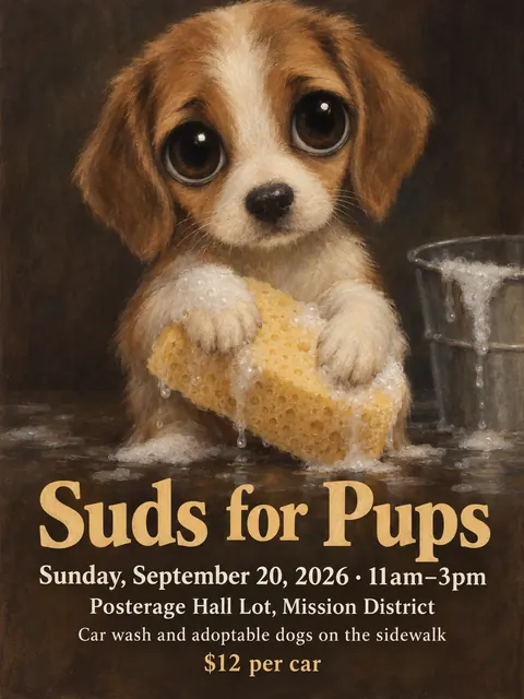 Big Eyes / Keane Waif style party flyer for a fictional car-wash: Suds for Pups