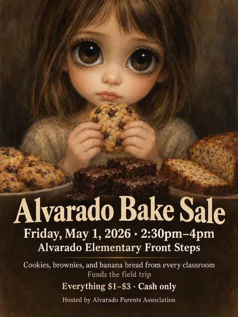 Big Eyes / Keane Waif style party flyer for a fictional bake-sale: Alvarado Bake Sale