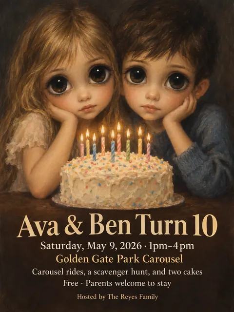 Big Eyes / Keane Waif style party flyer for a fictional birthday: Ava & Ben Turn 10