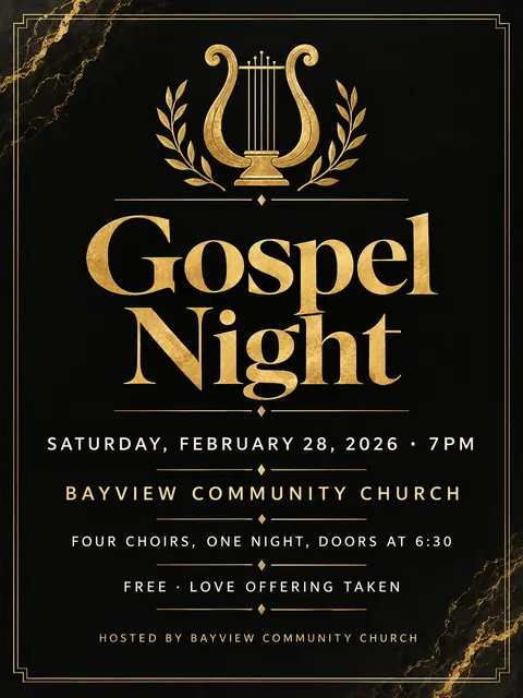 Black and Gold style party flyer for a fictional church: Gospel Night