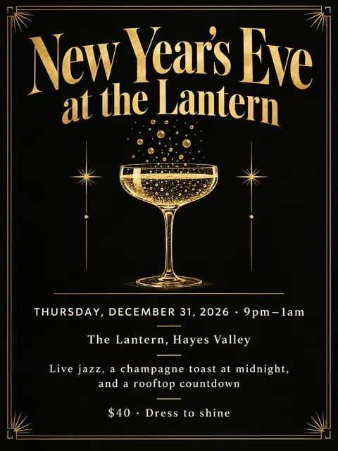 Black and Gold style party flyer for a fictional holiday: New Year's Eve at the Lantern