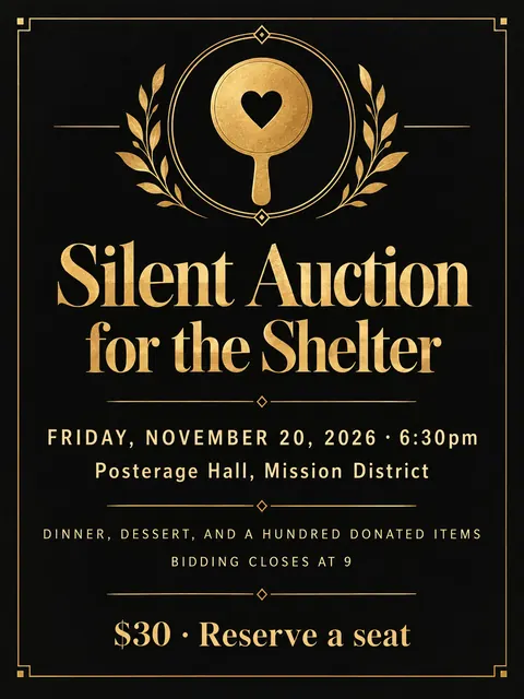 Black and Gold style party flyer for a fictional fundraiser: Silent Auction for the Shelter