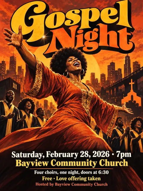 Blaxploitation Movie Poster style party flyer for a fictional church: Gospel Night