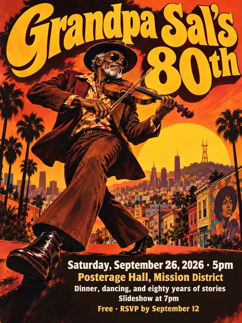 Blaxploitation Movie Poster style party flyer for a fictional birthday: Grandpa Sal's 80th