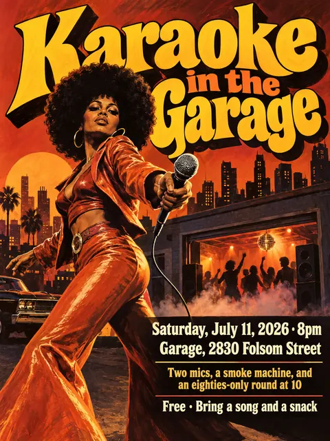 Blaxploitation Movie Poster style party flyer for a fictional house: Karaoke in the Garage