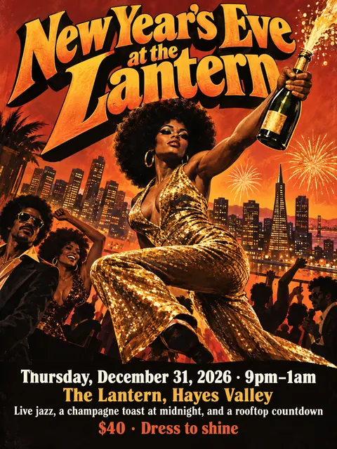 Blaxploitation Movie Poster style party flyer for a fictional holiday: New Year's Eve at the Lantern