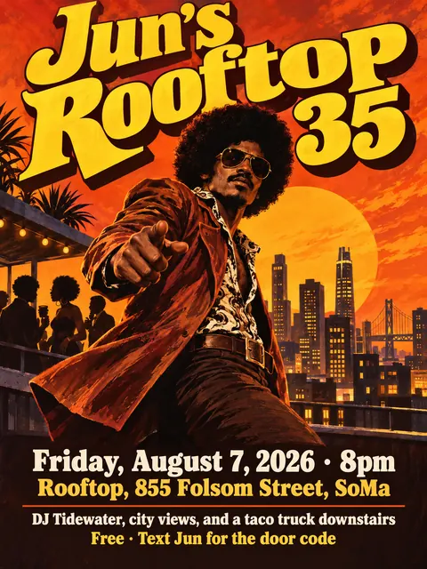 Blaxploitation Movie Poster style party flyer for a fictional birthday: Jun's Rooftop 35