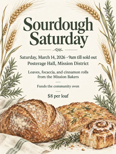 Botanical illustration style party flyer for a fictional bake-sale: Sourdough Saturday
