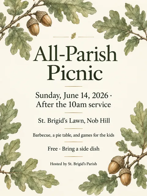 Botanical illustration style party flyer for a fictional church: All-Parish Picnic