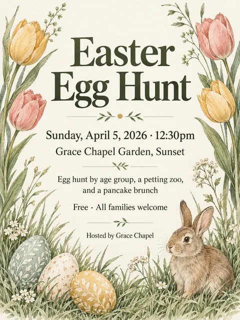 Botanical illustration style party flyer for a fictional church: Easter Egg Hunt