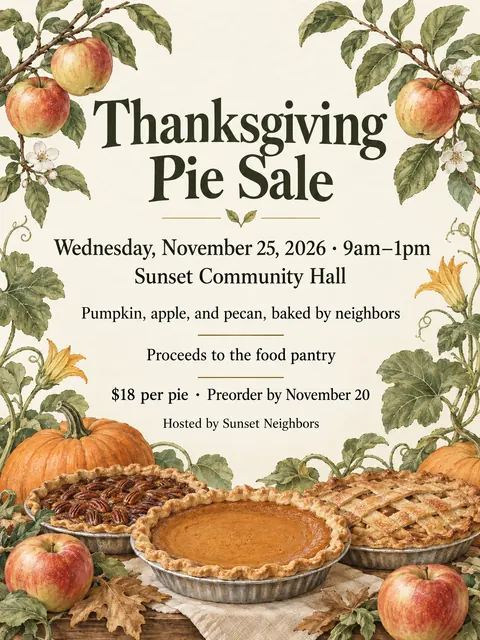 Botanical illustration style party flyer for a fictional bake-sale: Thanksgiving Pie Sale