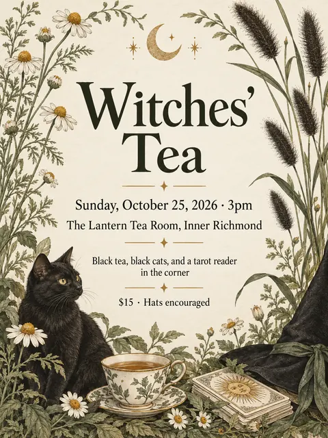 Botanical illustration style party flyer for a fictional halloween: Witches' Tea
