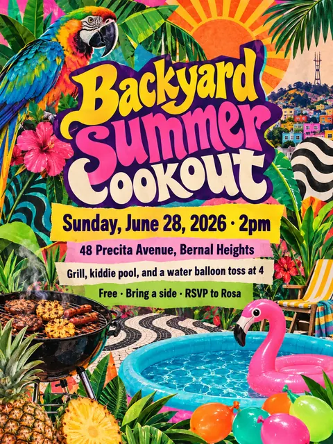 Brazilian Tropicália style party flyer for a fictional pool: Backyard Summer Cookout