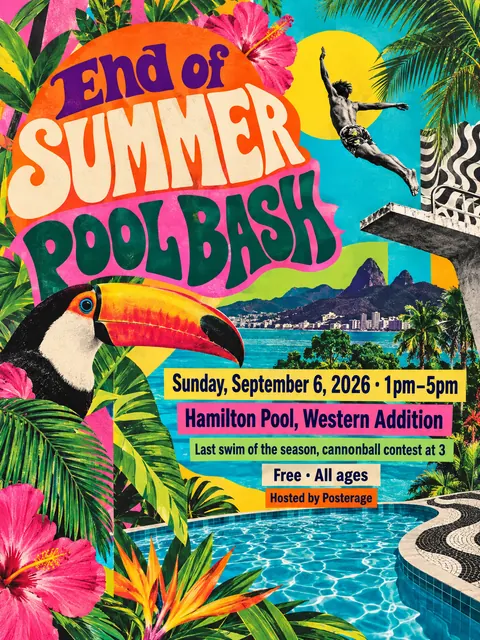 Brazilian Tropicália style party flyer for a fictional pool: End of Summer Pool Bash