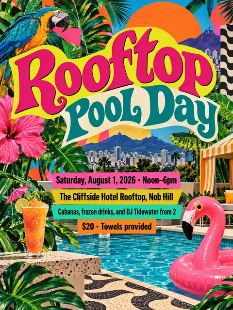 Brazilian Tropicália style party flyer for a fictional pool: Rooftop Pool Day