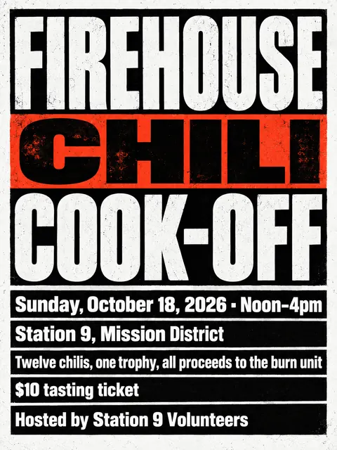 Brutalist Graphic Design style party flyer for a fictional fundraiser: Firehouse Chili Cook-off