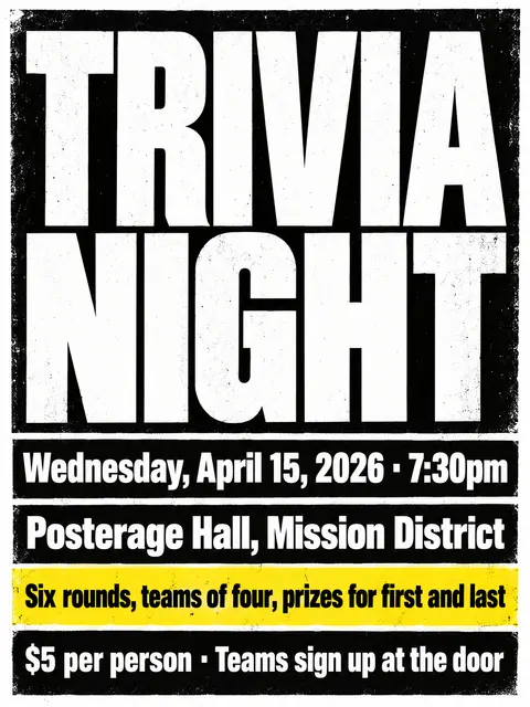 Brutalist Graphic Design style party flyer for a fictional house: Trivia Night
