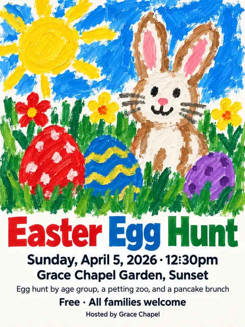 Child Poster Paint + Pro Typography style party flyer for a fictional church: Easter Egg Hunt