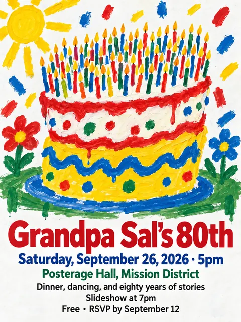 Child Poster Paint + Pro Typography style party flyer for a fictional birthday: Grandpa Sal's 80th