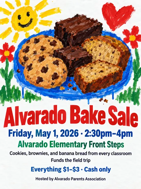 Child Poster Paint + Pro Typography style party flyer for a fictional bake-sale: Alvarado Bake Sale