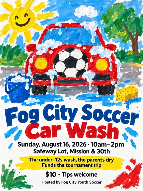 Child Poster Paint + Pro Typography style party flyer for a fictional car-wash: Fog City Soccer Car Wash