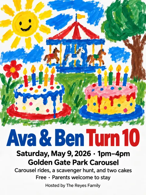 Child Poster Paint + Pro Typography style party flyer for a fictional birthday: Ava & Ben Turn 10