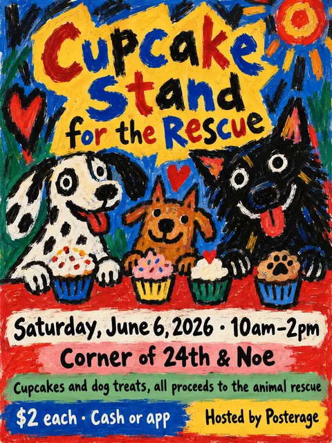 CoBrA style party flyer for a fictional bake-sale: Cupcake Stand for the Rescue