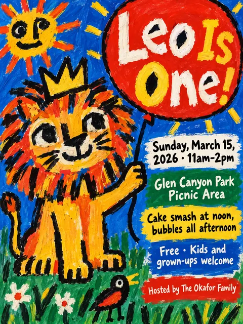 CoBrA style party flyer for a fictional birthday: Leo Is One!