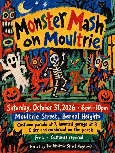 CoBrA style party flyer for a fictional halloween: Monster Mash on Moultrie