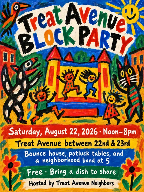 CoBrA style party flyer for a fictional block: Treat Avenue Block Party