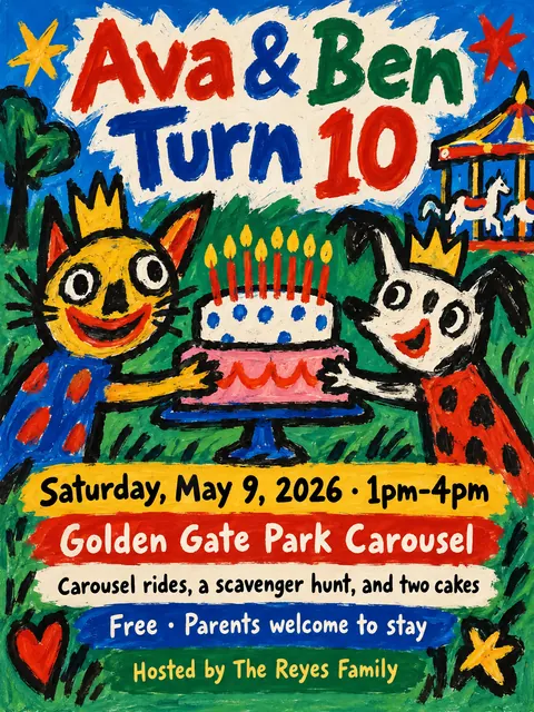 CoBrA style party flyer for a fictional birthday: Ava & Ben Turn 10