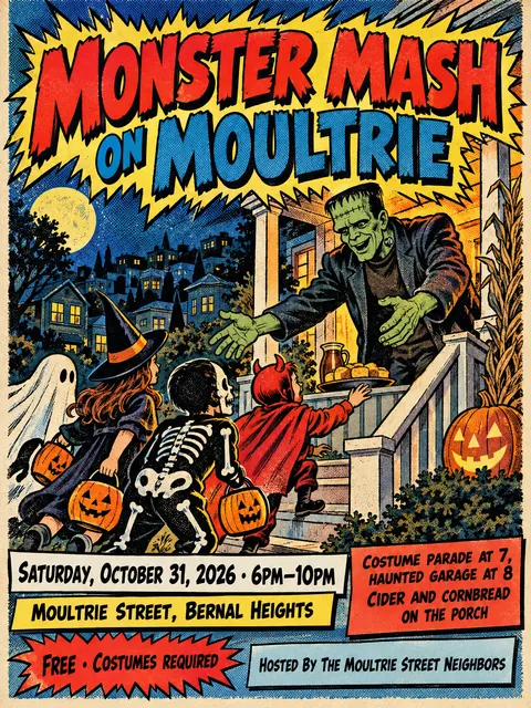 Comic Book style party flyer for a fictional halloween: Monster Mash on Moultrie
